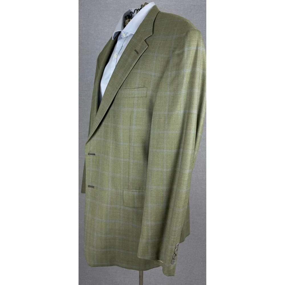Hickey Freeman Mens 44R Sport Coat Wool Silk Olive Green Windowpane Blazer M481